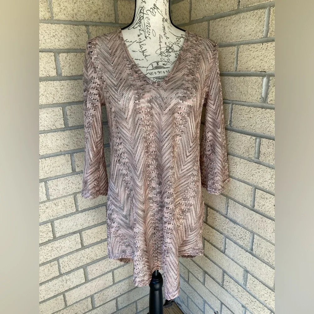 Elif Open Knit V Neck Shiny Metallic Pink Grey Swim Cover Up Tunic Bell Sleeves